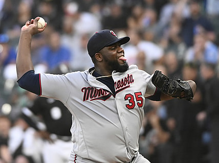 Jul 21, 2021; Chicago, Illinois, USA;  Minnesota Twins starting pitcher Michael Pineda (35) delivers against the Chicago White Sox during the first inning at Guaranteed Rate Field. Mandatory Credit: Matt Marton-USA TODAY Sports