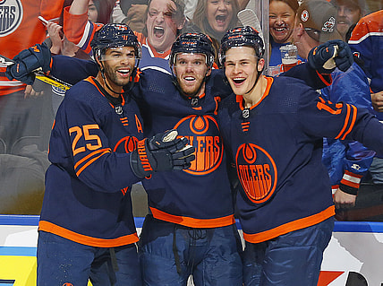Oct 16, 2021; Edmonton, Alberta, CAN; Edmonton Oilers forward Connor McDavid (97) celebrates after a first period goal against the Calgary Flames at Rogers Place. Mandatory Credit: Perry Nelson-USA TODAY Sports