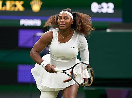 Jun 29, 2021; London, United Kingdom;  Serena Williams (USA) reacts while playing Aliaksandra Sasnovich (BLR) in first round ladies singles on centre court at All England Lawn Tennis and Croquet Club.  Mandatory Credit: Peter Van den Berg-USA TODAY Sports