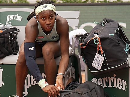 June 5, 2022; Paris, France;  Coco Gauff (USA) after losing the women's doubles final with Jessica Pegula (USA) to Caroline Garcia (FRA) and Kristina Mladenovic (FRA) on day 15 of the French Open at Stade Roland-Garros. Mandatory Credit: Susan Mullane-USA TODAY Sports