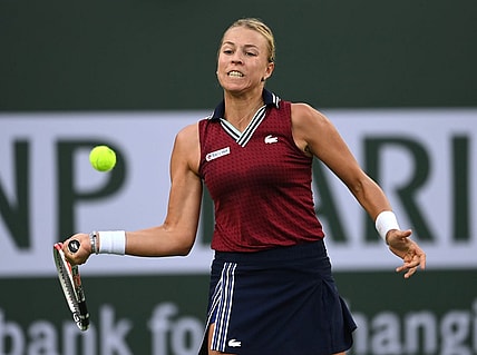 Oct 14, 2021; Indian Wells, CA, USA; Anett Kontaveit (EST) hits a shot against Ons Jabeur (TUN) in their quarterfinal match during the BNP Paribas Open at the Indian Wells Tennis Garden. Mandatory Credit: Jayne Kamin-Oncea-USA TODAY Sports