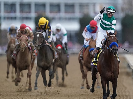 Jockey Flavien Prat celebrates aboard Flightline after winning the Breeders' Cup Classic at Keeneland. Nov. 5, 2022

Race 11 Flightline
