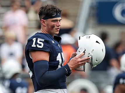 Sep 9, 2023; University Park, Pennsylvania, USA; Penn State Nittany Lions quarterback Drew Allar (15) looks on from the field during a warm up prior to the game against the Delaware Fightin' Blue Hens at Beaver Stadium. Mandatory Credit: Matthew O'Haren-USA TODAY Sports