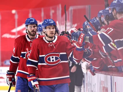 Mar 30, 2021; Montreal, Quebec, CAN; Montreal Canadiens left wing Artturi Lehkonen (62) celebrates his goal against the Edmonton Oilers with teammates during the first period at Bell Centre. Mandatory Credit: Jean-Yves Ahern-USA TODAY Sports