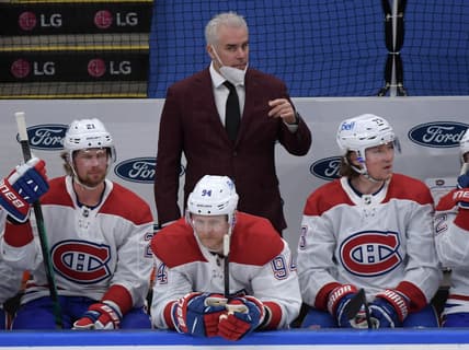 May 31, 2021; Toronto, Ontario, CAN; Montreal Canadiens head coach Dominique Ducharme watches play against the Toronto Maple Leafs in game seven of the first round of the 2021 Stanley Cup Playoffs at Scotiabank Arena. Mandatory Credit: Dan Hamilton-USA TODAY Sports