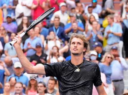 Sep 8, 2021; Flushing, NY, USA; Alexander Zverev of Germany hits to Lloyd Harris of South Africa on day ten of the 2021 U.S. Open tennis tournament at USTA Billie Jean King National Tennis Center. Mandatory Credit: Robert Deutsch-USA TODAY Sports