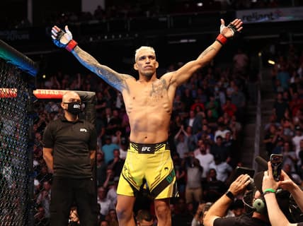 May 15, 2021; Houston, Texas, USA; Charles Oliveira reacts for his fight against Michael Chandler during UFC 262 at Toyota Center. Mandatory Credit: Troy Taormina-USA TODAY Sports