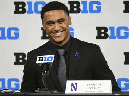 Jul 22, 2021; Indianapolis, Indiana, USA; Northwestern Wildcats safety Brandon Joseph speaks to the media during Big 10 media days at Lucas Oil Stadium. Mandatory Credit: Robert Goddin-USA TODAY Sports