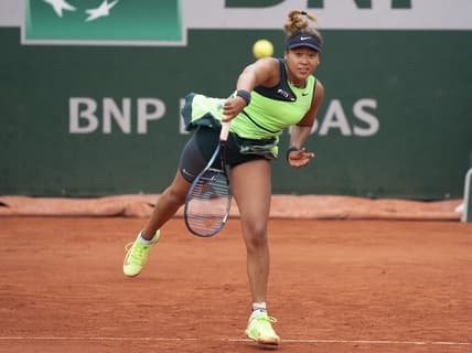May 23, 2022; Paris, France; Naomi Osaka (JPN) serves the ball during her match against Amanda Anisimova (USA) on day two of the French Open at Stade Roland-Garros. Mandatory Credit: Susan Mullane-USA TODAY Sports