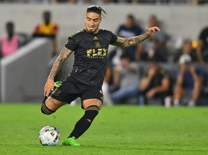 Aug 16, 2022; Los Angeles, California, USA; D.C. LAFC forward Cristian Arango (9) takes a shot on goal in the second half against D.C. United at Banc of California Stadium. Mandatory Credit: Jayne Kamin-Oncea-USA TODAY Sports