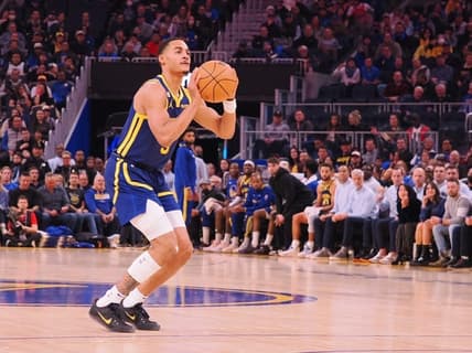 Dec 2, 2022; San Francisco, California, USA; Golden State Warriors shooting guard Jordan Poole (3) scores a three point basket against the Chicago Bulls during the first quarter at Chase Center. Mandatory Credit: Kelley L Cox-USA TODAY Sports