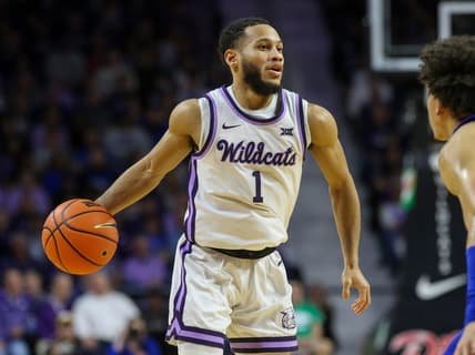Jan 17, 2023; Manhattan, Kansas, USA; Kansas State Wildcats guard Markquis Nowell (1) brings the ball up court during the first half against the Kansas Jayhawks at Bramlage Coliseum. Mandatory Credit: Scott Sewell-USA TODAY Sports