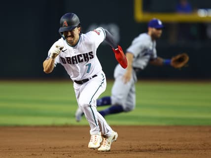 Apr 8, 2023; Phoenix, Arizona, USA; Arizona Diamondbacks outfielder Corbin Carroll runs the bases in the fifth inning against the Los Angeles Dodgers at Chase Field. Mandatory Credit: Mark J. Rebilas-USA TODAY Sports