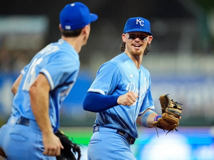 Aug 11, 2023; Kansas City, Missouri, USA; Kansas City Royals shortstop Bobby Witt Jr. (7) reacts after a play by third baseman Matt Duffy (15) to end the eighth inning against the St. Louis Cardinals at Kauffman Stadium. Mandatory Credit: Jay Biggerstaff-USA TODAY Sports