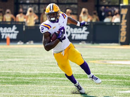 Oct 10, 2020; Columbia, Missouri, USA;  LSU Tigers tight end Arik Gilbert (2) runs against the Missouri Tigers during the first half at Faurot Field at Memorial Stadium. Mandatory Credit: Jay Biggerstaff-USA TODAY Sports