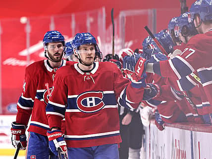 Mar 30, 2021; Montreal, Quebec, CAN; Montreal Canadiens left wing Artturi Lehkonen (62) celebrates his goal against the Edmonton Oilers with teammates during the first period at Bell Centre. Mandatory Credit: Jean-Yves Ahern-USA TODAY Sports