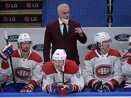 May 31, 2021; Toronto, Ontario, CAN; Montreal Canadiens head coach Dominique Ducharme watches play against the Toronto Maple Leafs in game seven of the first round of the 2021 Stanley Cup Playoffs at Scotiabank Arena. Mandatory Credit: Dan Hamilton-USA TODAY Sports