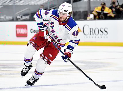 Mar 11, 2021; Boston, Massachusetts, USA; New York Rangers left wing Brendan Lemieux (48) enters the offensive zone during the second period against the Boston Bruins at TD Garden. Mandatory Credit: Bob DeChiara-USA TODAY Sports