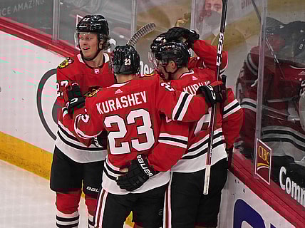 Apr 6, 2021; Chicago, Illinois, USA; Chicago Blackhawks left wing Dominik Kubalik (8) reacts after scoring a goal against the Dallas Stars during the second period at the United Center. Mandatory Credit: Mike Dinovo-USA TODAY Sports