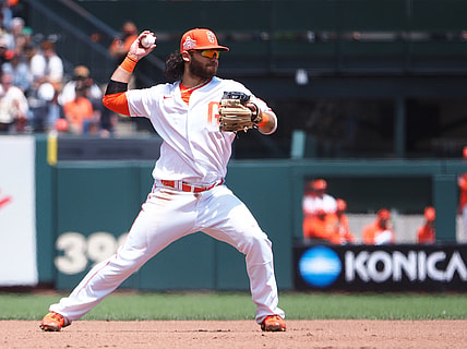 Jul 11, 2021; San Francisco, California, USA; San Francisco Giants shortstop Brandon Crawford (35) throws the ball to first base against the Washington Nationals during the fourth inning at Oracle Park. Mandatory Credit: Kelley L Cox-USA TODAY Sports