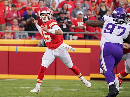 Aug 27, 2021; Kansas City, Missouri, USA; Kansas City Chiefs quarterback Patrick Mahomes (15) throws a pass against then Minnesota Vikings during the first quarter at GEHA Field at Arrowhead Stadium. Mandatory Credit: Denny Medley-USA TODAY Sports