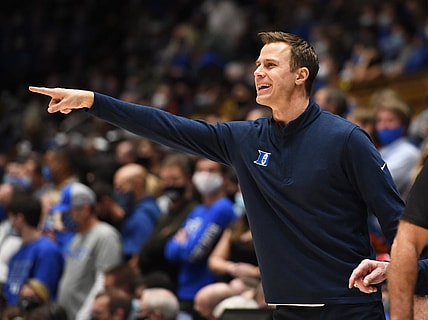 Dec 22, 2021; Durham, North Carolina, USA; Duke Blue Devils associate head coach Jon Scheyer directs the team during the second half against the Virginia Tech Hokies at Cameron Indoor Stadium.  The Blue Devils won 76-65. Mandatory Credit: Rob Kinnan-USA TODAY Sports