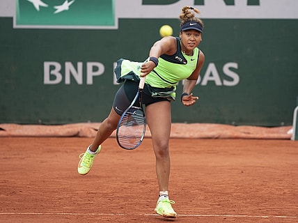 May 23, 2022; Paris, France; Naomi Osaka (JPN) serves the ball during her match against Amanda Anisimova (USA) on day two of the French Open at Stade Roland-Garros. Mandatory Credit: Susan Mullane-USA TODAY Sports