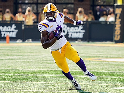 Oct 10, 2020; Columbia, Missouri, USA;  LSU Tigers tight end Arik Gilbert (2) runs against the Missouri Tigers during the first half at Faurot Field at Memorial Stadium. Mandatory Credit: Jay Biggerstaff-USA TODAY Sports