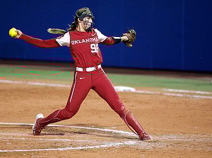 Oklahoma's Jordy Bahl (98) throws a pitch in the seventh inning during the second game of the Women's College World Championship Series between the Oklahoma Sooners and Florida State at USA Softball Hall of Fame Stadium in Oklahoma City, Thursday, June, 8, 2023.