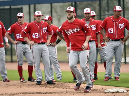 Feb 21, 2017; West Palm Beach, FL, USA; Washington Nationals right fielder Bryce Harper (34) works on running drills during spring training workouts at The Ballpark of the Palm Beaches. Mandatory Credit: Steve Mitchell-USA TODAY Sports