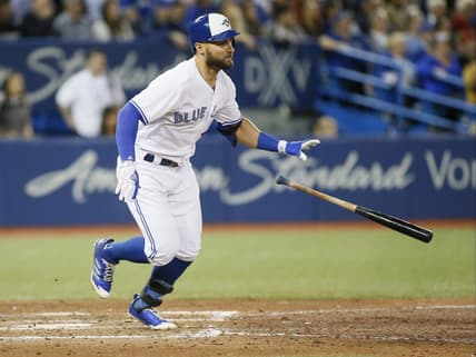 May 15, 2017; Toronto, Ontario, CAN; Toronto Blue Jays center fielder Kevin Pillar (11) singles against the Atlanta Braves during the fifth inning at Rogers Centre. Mandatory Credit: John E. Sokolowski-USA TODAY Sports