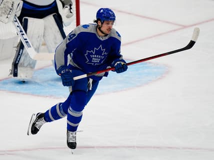 Mar 9, 2021; Toronto, Ontario, CAN; Toronto Maple Leafs forward Auston Matthews (34) skates against the Winnipeg Jets at Scotiabank Arena. Mandatory Credit: John E. Sokolowski-USA TODAY Sports