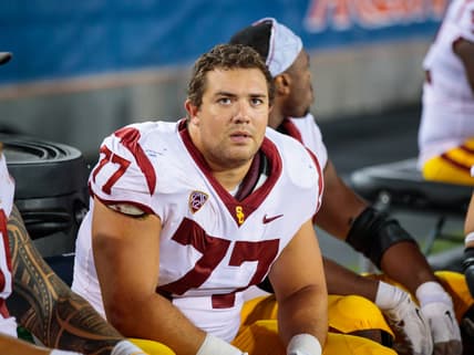 Sep 29, 2018; Tucson, AZ, USA; Southern California Trojans offensive guard Chris Brown (77) against the Arizona Wildcats at Arizona Stadium. Mandatory Credit: Mark J. Rebilas-USA TODAY Sports