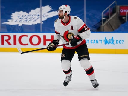 Feb 17, 2021; Toronto, Ontario, CAN; Ottawa Senators defenseman Erik Gudbranson (44) skates against he Toronto Maple Leafs at Scotiabank Arena. Toronto defeated Ottawa 2-1. Mandatory Credit: John E. Sokolowski-USA TODAY Sports