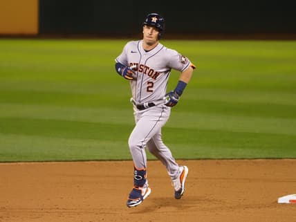 Apr 1, 2021; Oakland, California, USA; Houston Astros third baseman Alex Bregman (2) rounds the bases on a solo home run against the Oakland Athletics during the eighth inning at RingCentral Coliseum. Mandatory Credit: Kelley L Cox-USA TODAY Sports