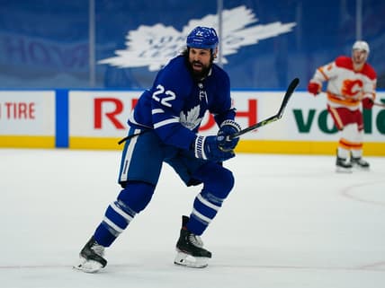 Apr 13, 2021; Toronto, Ontario, CAN; Toronto Maple Leafs defenseman Zach Bogosian (22) skates against the Calgary Flames during the second period at Scotiabank Arena. Mandatory Credit: John E. Sokolowski-USA TODAY Sports