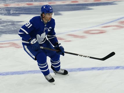 May 20, 2021; Toronto, Ontario, CAN; Toronto Maple Leafs forward John Tavares (91) during the warm up before the game against the Montreal Canadiens before game one of the first round of the 2021 Stanley Cup Playoffs at Scotiabank Arena. Mandatory Credit: John E. Sokolowski-USA TODAY Sports