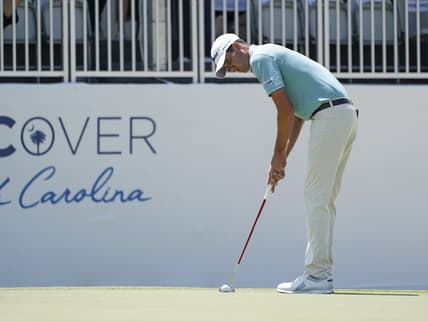 Jun 11, 2021; Ridgeland, South Carolina, USA; Chesson Hadley putts for birdie on the 18th green during the second round of the Palmetto Championship at Congaree golf tournament. Mandatory Credit: David Yeazell-USA TODAY Sports