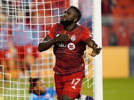 Jul 17, 2021; Toronto, Ontario, USA; Toronto FC forward Jozy Altidore (17) celebrates after scoring a goal against Orlando City during the second half at BMO Field. Mandatory Credit: John E. Sokolowski-USA TODAY Sports