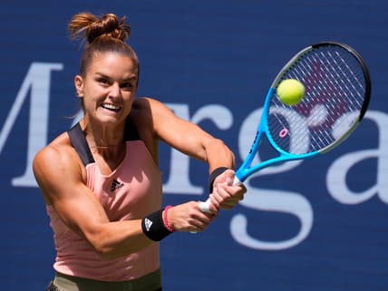 Sep 4, 2021; Flushing, NY, USA; Maria Sakkari of Greece hits to Petra Kvitova of the Czech Republic on day six of the 2021 U.S. Open tennis tournament at USTA Billie Jean King National Tennis Center. Mandatory Credit: Robert Deutsch-USA TODAY Sports