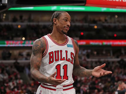 Feb 11, 2022; Chicago, Illinois, USA; Chicago Bulls forward DeMar DeRozan (11) reacts after scoring a basket during the first quarter against the Minnesota Timberwolves at the United Center. Mandatory Credit: Dennis Wierzbicki-USA TODAY Sports