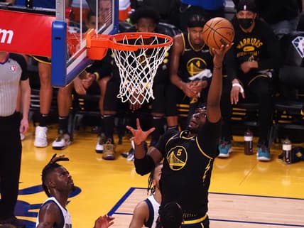 Feb 27, 2022; San Francisco, California, USA; Golden State Warriors forward Kevon Looney (5) shoots the ball against the Dallas Mavericks during the second quarter at Chase Center. Mandatory Credit: Kelley L Cox-USA TODAY Sports