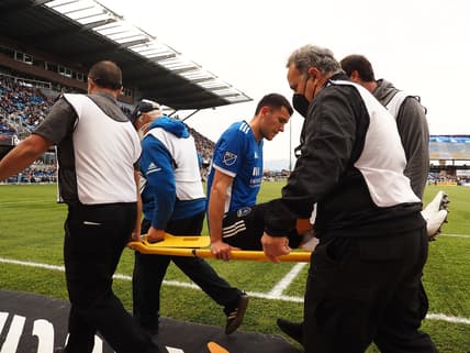 Feb 26, 2022; San Jose, California, USA; San Jose Earthquakes defender Nathan (13) is carried off the field during the first half against the New York Red Bulls at PayPal Park. Mandatory Credit: Kelley L Cox-USA TODAY Sports