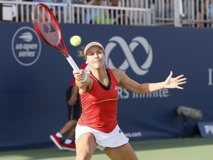Aug 7, 2019; Toronto, Ontario, Canada; Tatjana Maria (GER) hits a ball to Naomi Osaka (not pictured) during the Rogers Cup tennis tournament at Aviva Centre. Mandatory Credit: John E. Sokolowski-USA TODAY Sports