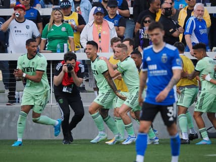 Apr 2, 2022; San Jose, California, USA; Austin FC forward Sebastian Driussi (7) celebrates with teammates after scoring on a penalty kick against the San Jose Earthquakes during the second half at PayPal Park. Mandatory Credit: Kelley L Cox-USA TODAY Sports