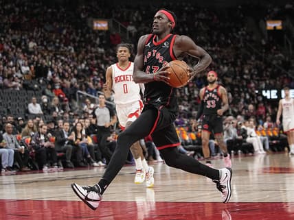 Apr 8, 2022; Toronto, Ontario, CAN; Toronto Raptors forward Pascal Siakam (43) on a breakaway against the Houston Rockets during the second half at Scotiabank Arena. Mandatory Credit: John E. Sokolowski-USA TODAY Sports