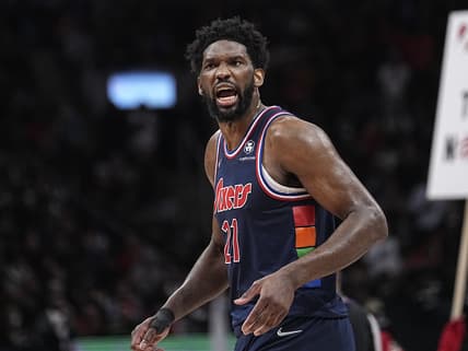 Apr 20, 2022; Toronto, Ontario, CAN; Philadelphia 76ers center Joel Embiid (21) reacts after a play agains the Toronto Raptors during the second half of game three of the first round for the 2022 NBA playoffs at Scotiabank Arena. Mandatory Credit: John E. Sokolowski-USA TODAY Sports