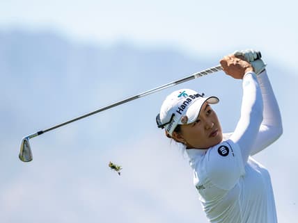Minjee Lee of Australia tees off on hole eight during round two of the Chevron Championship at Mission Hills Country Club in Rancho Mirage, Calif., Friday, April 1, 2022.