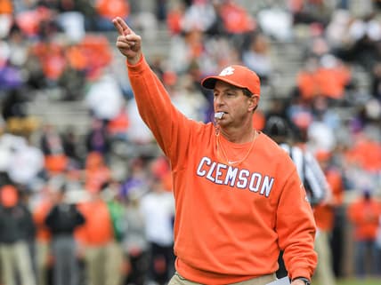 Apr 9, 2022; Clemson, South Carolina, USA; Clemson head coach Dabo Swinney during the first quarter of the 2022 Orange vs White Spring Game at Memorial Stadium. Mandatory Credit: Ken Ruinard-USA TODAY Sports