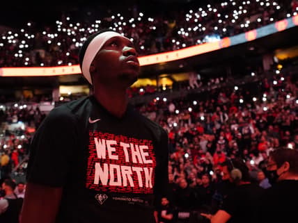 Apr 20, 2022; Toronto, Ontario, CAN; Toronto Raptors forward Chris Boucher (25) during the player introductions before the start of game three of the first round for the 2022 NBA playoffs against the Philadelphia 76ers at Scotiabank Arena. Mandatory Credit: John E. Sokolowski-USA TODAY Sports